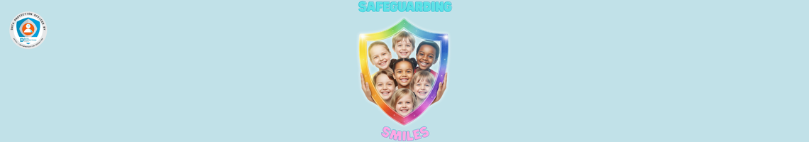 A diverse group of smiling children, framed within a large, brightly colored, rainbow-hued shield held by two hands at the bottom. The shield appears to shimmer with light. There are seven children visible within the shield, all looking directly at the viewer with happy expressions. The background is a soft, light blue.